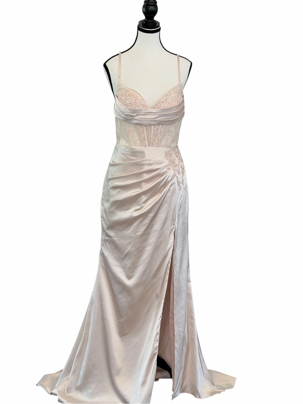 NWT Blush Pink Satin Corset Formal Gown Lace-Up Back Slit Dress Size 6